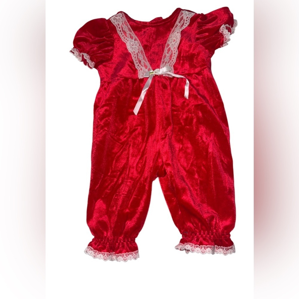 Vintage Rare Red Satin Baby Romper with Lace Trim